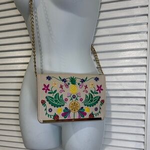 Neiman Marcus Cream Crossbody Bag with Colorful Embroidery